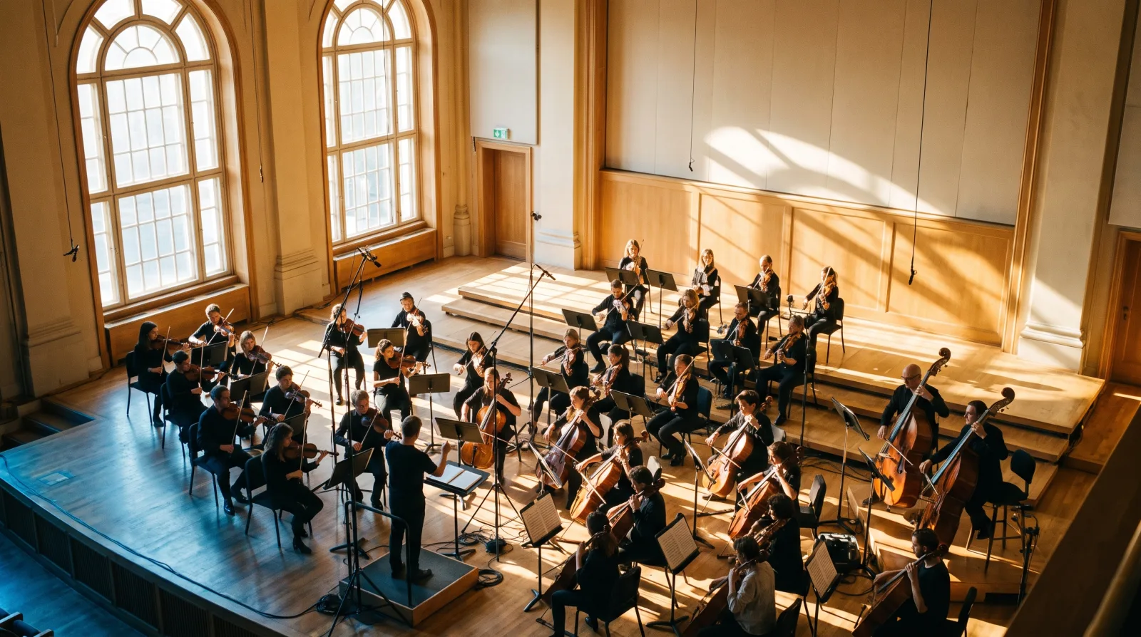 Cinematic scoring session with strings arrangement on screen