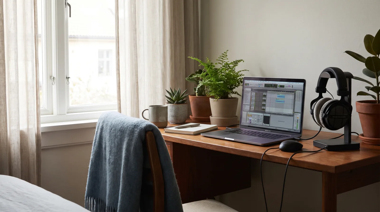 Bedroom desk with laptop and headphones set up for making lo-fi beats