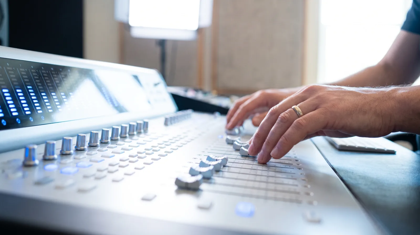 Producer's desk with laptop showing a music arrangement and a MIDI controller