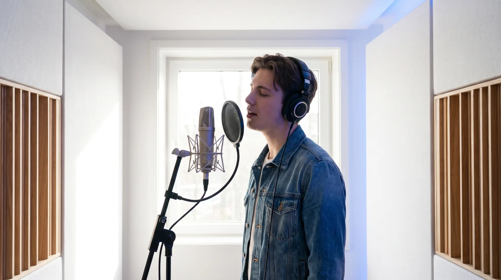 Condenser microphone in a home studio with a pop filter and acoustic panel